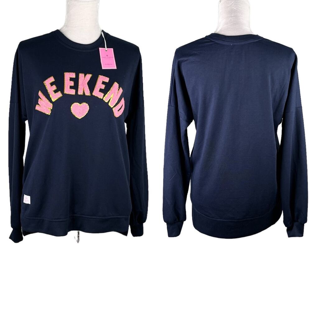Simply Southern Weekend Sparkle Pullover Pockets Navy Pink Small New
